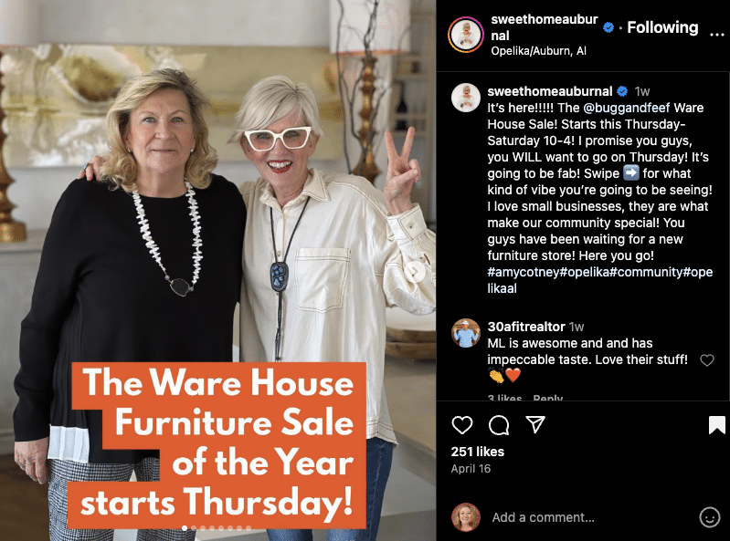 Screenshot of an Instagram carousel post featuring two women smiling, one wrapping her arm  around the other and smiling, with text overlay reading "The Ware House furniture sale of the year starts Thursday!"
